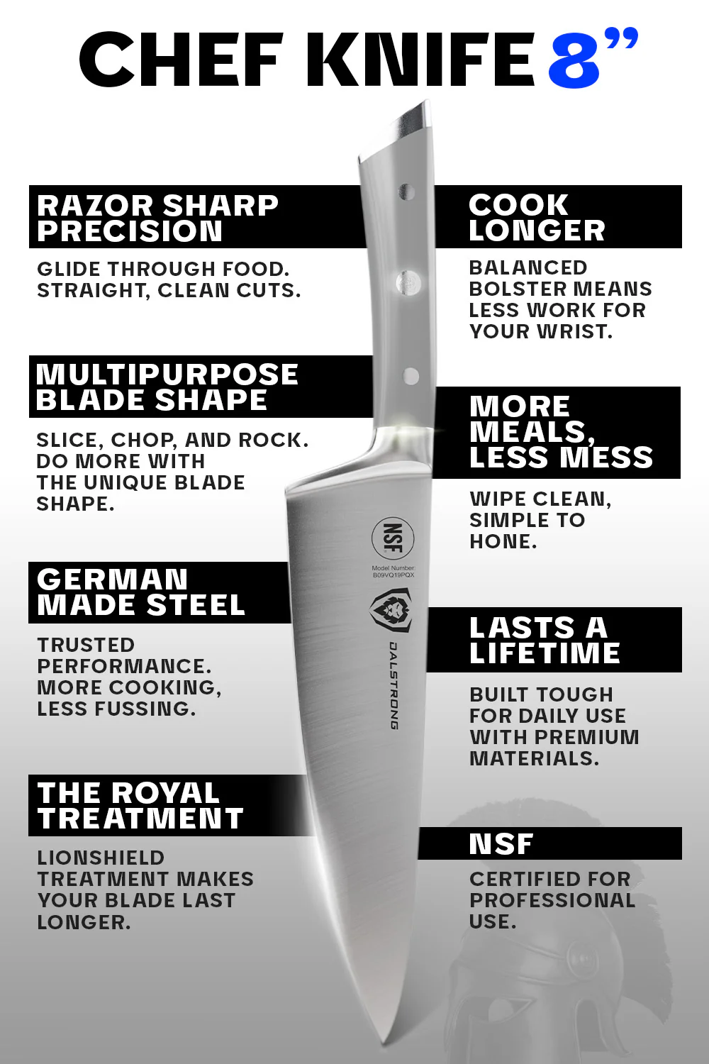 Chef Knife 8" | Grey ABS Handle | Gladiator Series | NSF Certified | Dalstrong © - Image 5